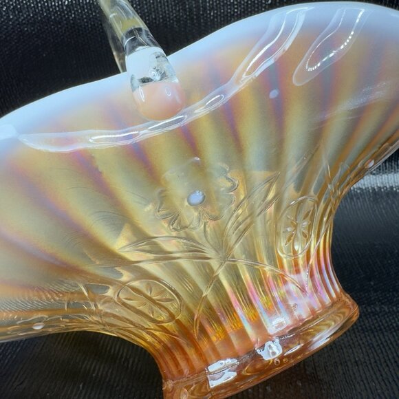 Dugan Caroline Peach Opal Opalescent Carnival Glass Handled Basket Bowl Antique - Picture 3 of 16